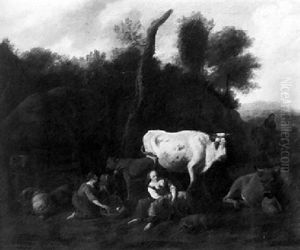 Peasants In A Landscape Tending Their Animals by Dirk van Bergen