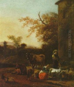 An Italianate Landscape With A Milkmaid And A Herdsman Beside A Villa by Dirk van Bergen