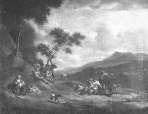Hilly Landscape With Peasants And Animals by Dirk van Bergen