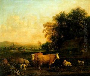 Cattle And A Milkmaid Near Farm Buildings by Dirk van Bergen