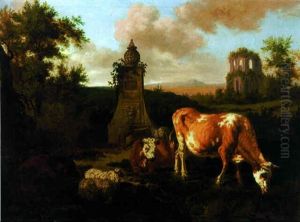 Cattle Grazing By A Fountain, A Classical Ruin Beyond thumbnail