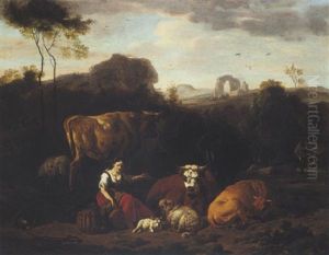 Italianate Landscape With A Shepherdess Resting Near Cattle by Dirk van Bergen