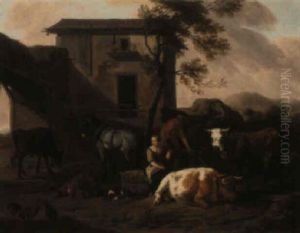 A Peasant Unloading A Cart In A Farm Courtyard