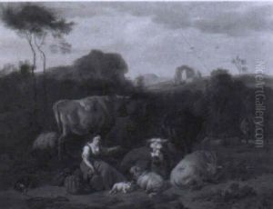 Le Repos De La Bergere Dans Un Paysage De La Campagne Romaine by Dirk van Bergen