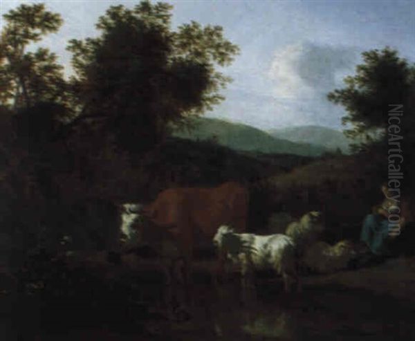 Waldlandschaft Mit Rastenden Hirten Und Ihrer Herde An Einem Flus - view 1