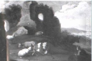 A Landscape With A Shepherd Near Classical Ruins by Dirk van Bergen