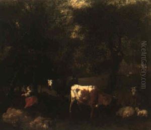 Wooded Landscape With Cows, Sheep And A Shepherdess by Dirk van Bergen
