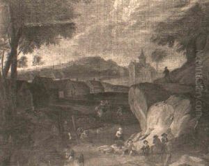 Peasants And Farm Animals Near A Riverside Town With Travellers by Dirk van Bergen