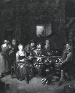 Peasants In A Kitchen Interior by Dirk van Bergen