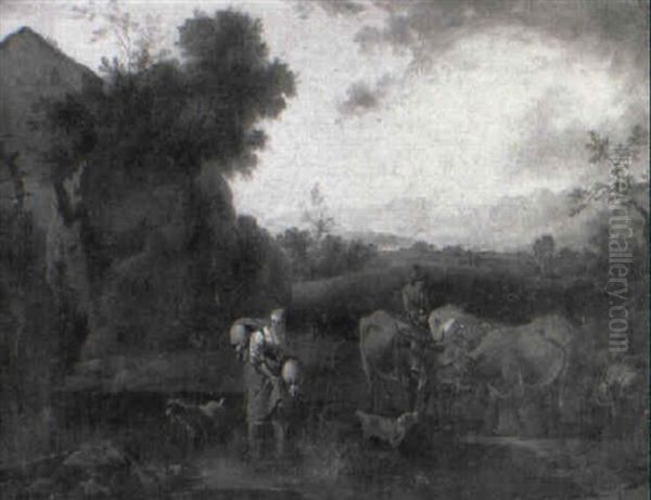 Drovers With Cattle And Sheep At A Pool By A Watermill - view 1