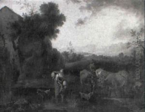 Drovers With Cattle And Sheep At A Pool By A Watermill