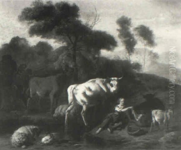 Wooded Landscape With A Peasant Girl, Cattle, Sheep And Goats At A Pool - view 1