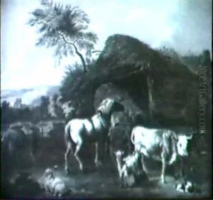 Bauer Mit Vieh Vor Einer Scheune by Dirk van Bergen