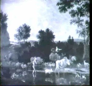 Drovers With Cattle, Goats And Sheep At A Stream by Dirk van Bergen