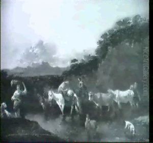 Hirte Und Magde Mit Vieh In Der Furt