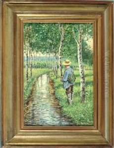Angler Am Bach In Birkenlandschaft by Fritz Bergen