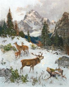 Red Deer In Winter by Georg Berger