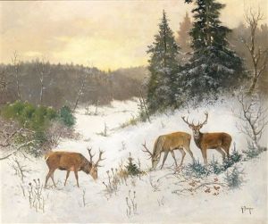 Hirsche Im Winterwald by Georg Berger