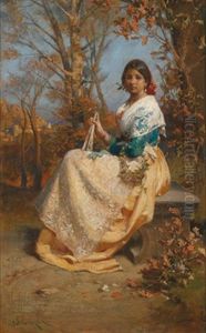 Spanierin Mit Facher, Im Hintergrund Meeresblick by Julius Victor Berger