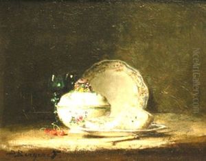 Nature Morte Aux Faiences Et Plat De Fromage by Denis Pierre Bergeret