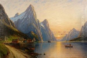 Abendstimmung Im Fjord, Am Ufer Ein Kleines Fischerdorf