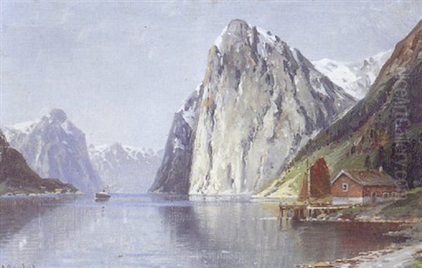 Fjordparti Med Hytte, I Baggrunden Sneklaedte Bjerge - view 1