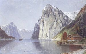 Fjordparti Med Hytte, I Baggrunden Sneklaedte Bjerge by Carl Bergfeld