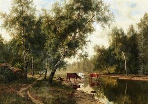 Landskap Med Kor Vid Ett Vattendrag by Edward (Johan-Edvard) Bergh