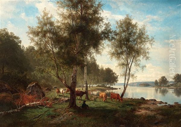 Summer Landscape With Cattle And Birches - view 1