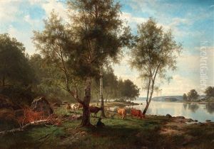Summer Landscape With Cattle And Birches by Edward (Johan-Edvard) Bergh