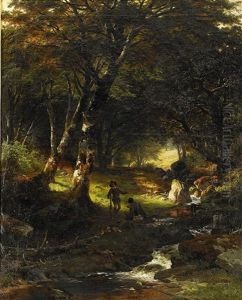 Jaktsallskap I Skogsglanta Och Vid Porlande Back by Edward (Johan-Edvard) Bergh