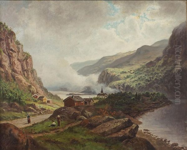 Fjordlandskap Med Byggnader Och Figurer - view 1