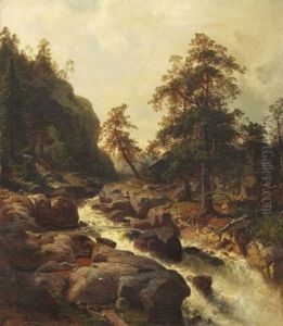 Skogslandskap Med Brusande Fors Och Vilande Gosse by Edward (Johan-Edvard) Bergh