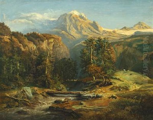 Mountainscape With A Bridge Over A River, In The Background Snow-covered Mountains - view 1