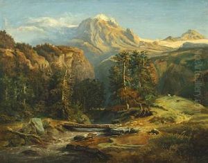 Mountainscape With A Bridge Over A River, In The Background Snow-covered Mountains by Edward (Johan-Edvard) Bergh