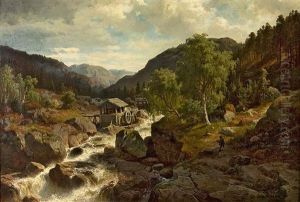 Romantiserat Landskap Fran Dalarna Med Fors, Sagverk Och Fiskare
