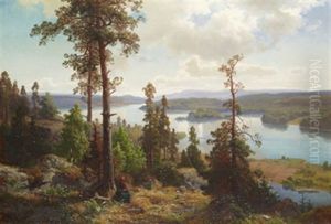 Insjolandskap Med Rastande Kvinna by Edward (Johan-Edvard) Bergh