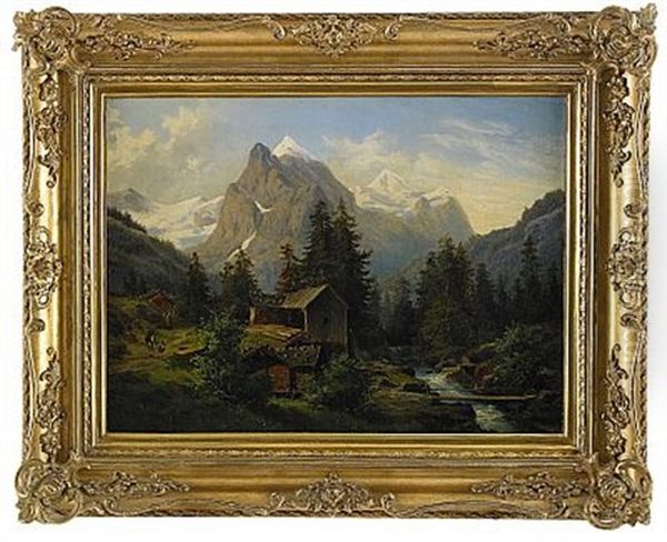 Bergslandskap Med Vandrare Och Kvarnbyggnad - view 1