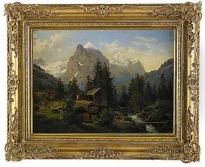 Bergslandskap Med Vandrare Och Kvarnbyggnad by Edward (Johan-Edvard) Bergh