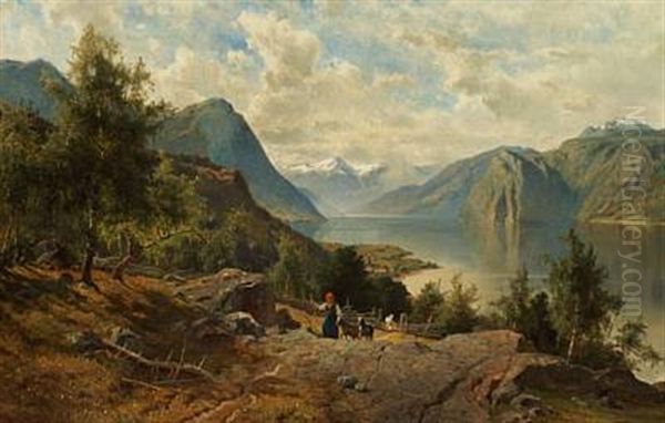 Summer Day In The Mountains, A Young Girl Walking In The Hills With Her Goats - view 1