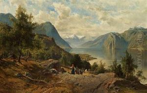 Summer Day In The Mountains, A Young Girl Walking In The Hills With Her Goats by Edward (Johan-Edvard) Bergh