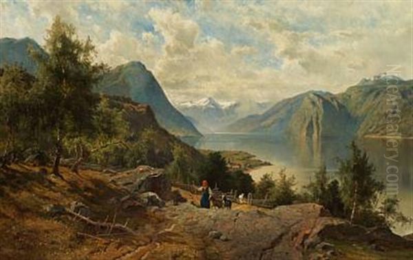 Summer's Day In Norway, A Young Girl Is Walking In The Hills With Her Goats - view 1