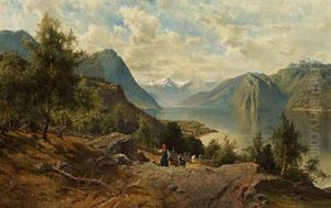 Summer's Day In Norway, A Young Girl Is Walking In The Hills With Her Goats