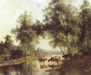 Koer Ved En Svensk Skovso by Edward (Johan-Edvard) Bergh