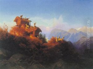 Solnedgang Over Bjergene, I Forgrunden Geder Ved Bjerghytte by Edward (Johan-Edvard) Bergh