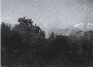 Fjordgebirgslandschaft Mit Ziegen Bei Untergehender Sonne by Edward (Johan-Edvard) Bergh