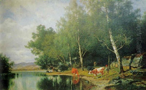 Svenskt Insjolandskap Med Kor Och Vallpojke - view 1