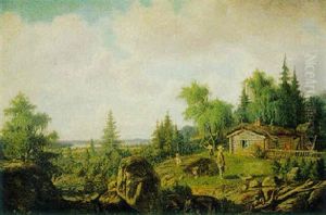 Bergslandskap Med Figurer Vid Stuga