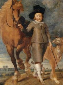 Portrait Of A Young Boy Standing In A Landscape With A Horse And A Dog, The Town Of Alkmaar In The Distance by Matthijs van den Bergh