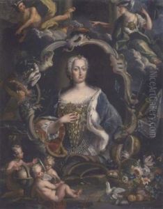 Portrait Of Maria Sobieska In A Cartouche Surrounded By Mercury, Minerva, Three Putti Symbolizing The Arts And A Still Life Of Flowers And Fruit by Nicolas Van Den Bergh